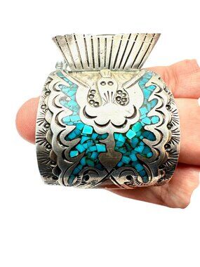 Native American Watch Cuff Bracelet Peyote Bird Coral Turquoise Sterling Silver